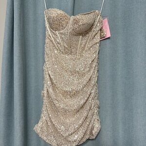 HELLO MOLLY Sequin Strapless Dress BEIGE